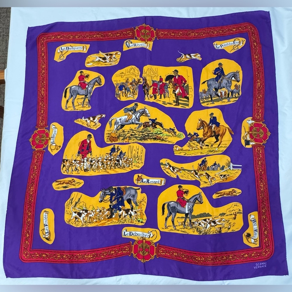 Gianni Versace Vintage Silk Scarf – Fox Hunt Equestrian Theme, Purple 34x34